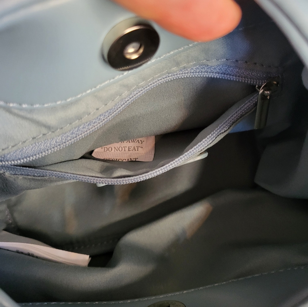 The Drop Addison Soft Faux Leather Ruched Top Handle Bag. Dusty Blue - Picture 9 of 16
